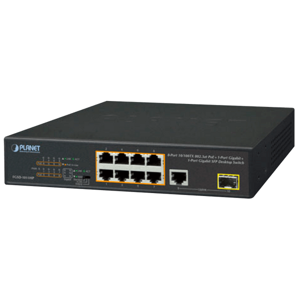 PLANET™ 8-Port 10/100TX 802.3at PoE + 1-Port 10/100/1000T + 1-Port 100/1000X SFP Desktop Switch - 120W [FGSD-1011HP]