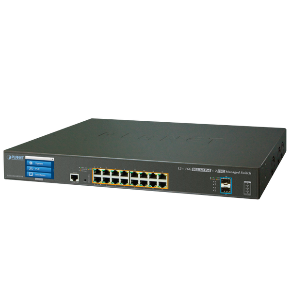 PLANET™ 16-Port PoE+ & 2-Port 10G SFP+ Managed Switch with LCD Touch Screen - L2+ with L3 Static Routing (220W) [GS-5220-16P2XV]