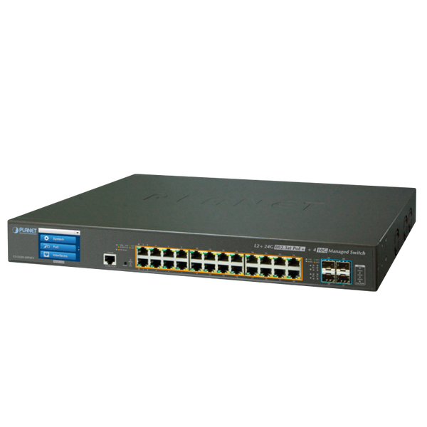 PLANET™ 24-Port PoE+ & 4-Port 10G SFP+ Managed Switch with LCD Touch Screen - L2+ with L3 Static Routing (400W) [GS-5220-24P4XVR]