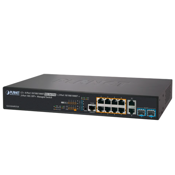 PLANET™ 8-Port PoE+ & 2-Port 1G/10G SFP+ Managed Switch - L2+ with L3 Static Routing (240W) [GS-5220-8P2T2X]