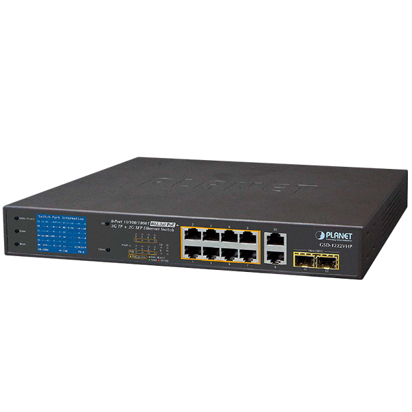 PLANET™ 8-Port PoE+ & 2-Port + 2-Port SFP Ethernet Switch with PoE LCD Monitor (120W) [GSD-1222VHP]