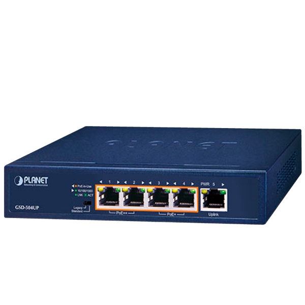 PLANET™ 2-Port 10/100/1000T 802.3bt PoE + 2-Port 10/100/1000T 802.3at PoE + 1-Port Gigabit Desktop Switch - 120W [GSD-504UP]