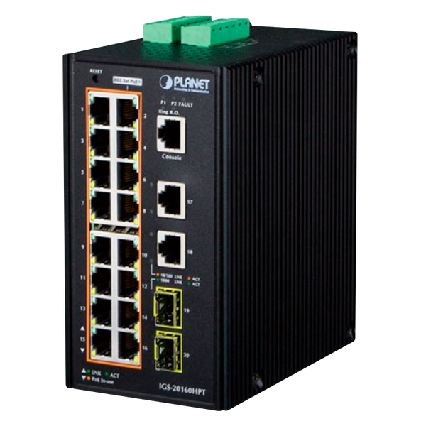 PLANET™ Industrial 16-Port PoE+ & 2-Port + 2-Port SFP Managed Switch - L2+ with L3 Static Routing (240W-320W) [IGS-20160HPT]