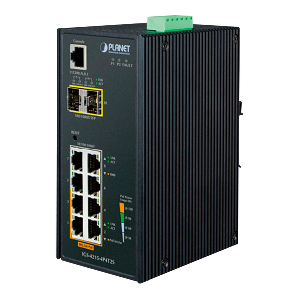 PLANET™ 4+4-Ports (+2 SFP) PoE+ Industrial Manageable Gigabit Switch - L2+ - DIN Rail (144W) [IGS-4215-4P4T2S]