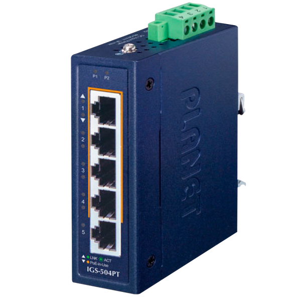 PLANET™ Compact Industrial 4-Port 10/100/1000T 802.3at PoE + 1-Port 10/100/1000T Ethernet Switch [IGS-504PT]