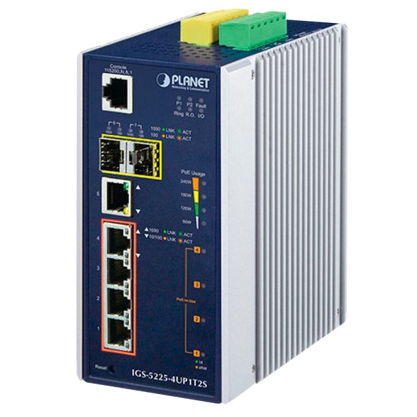 PLANET™ Industrial 4-Port 10/100/1000T 802.3bt PoE + 1-Port 10/100/1000T + 2-Port 100/1000X SFP Managed Switch (Din Rail) - L2+ (240W) [IGS-5225-4UP1T2S]