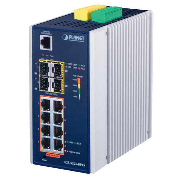 PLANET™ Industrial 8-Port 10/100/1000T 802.3at PoE + 4-Port 100/1000X SFP Managed Ethernet Switch (Din Rail) - L2+ (240W) [IGS-5225-8P4S]