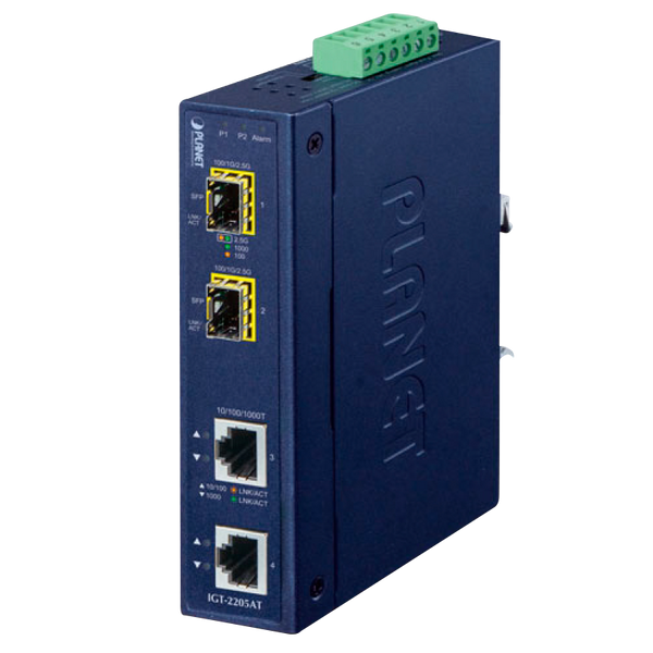 PLANET™ Industrial 2-port 10/100/1000T to 2-port 100/1000/2500X SFP Media Converter (Din Rail) [IGT-2205AT]