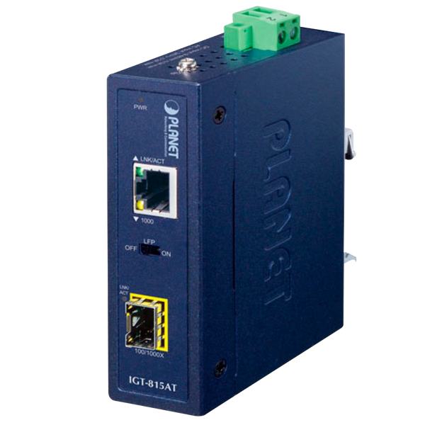 PLANET™ Industrial Compact 100/1000BASE-X to 10/100/1000BASE-T Media Converter (Din Rail) [IGT-815AT]