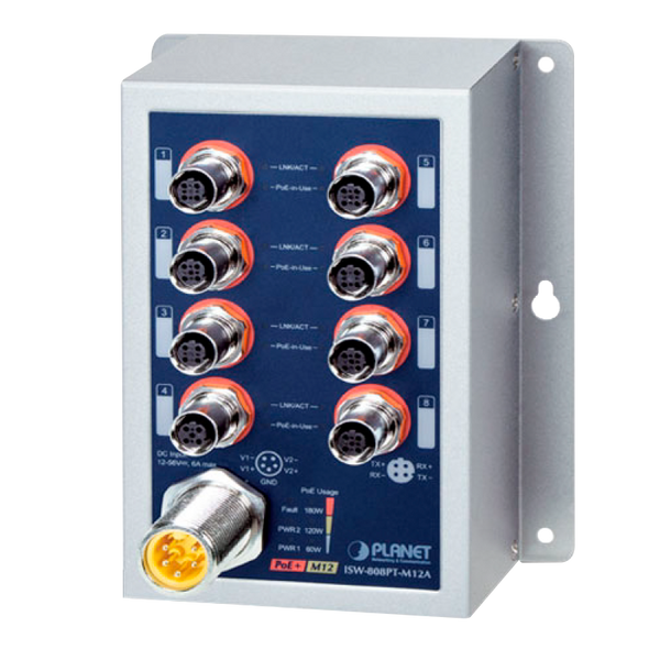 PLANET™ Industrial 8-Port 10/100TX M12 802.3at PoE+ Switch (Din Rail) - L2 (180W) [ISW-808PT-M12A]