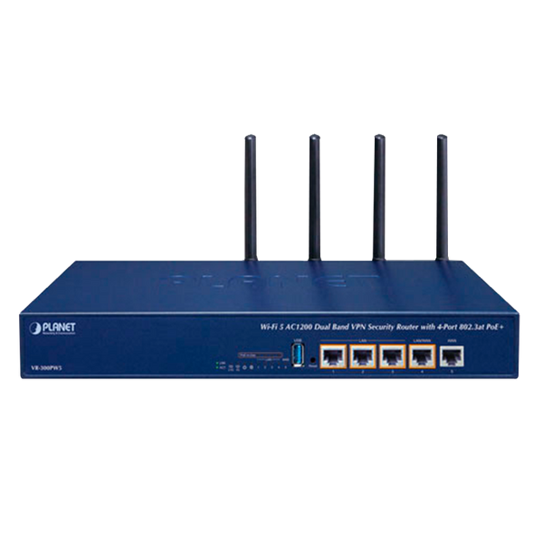 PLANET™ Wi-Fi 5 AC1200 Dual Band VPN Security Router with 4-Port 802.3at PoE+ [VR-300PW5]