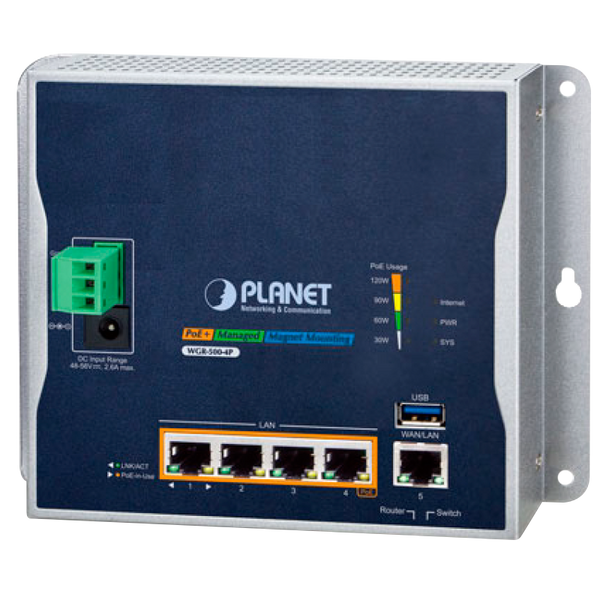 PLANET™ Industrial Wall-Mount Gigabit Router with 4-Port 802.3at PoE+ - L2 (120W) [WGR-500-4P]