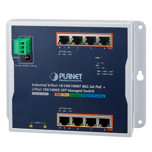 PLANET™ Industrial 8-Port 10/100/1000T 802.3at PoE + 2-Port 100/1000X SFP Wall-Mount Managed Switch (Din Rail) - L2 (200W) [WGS-4215-8P2S]